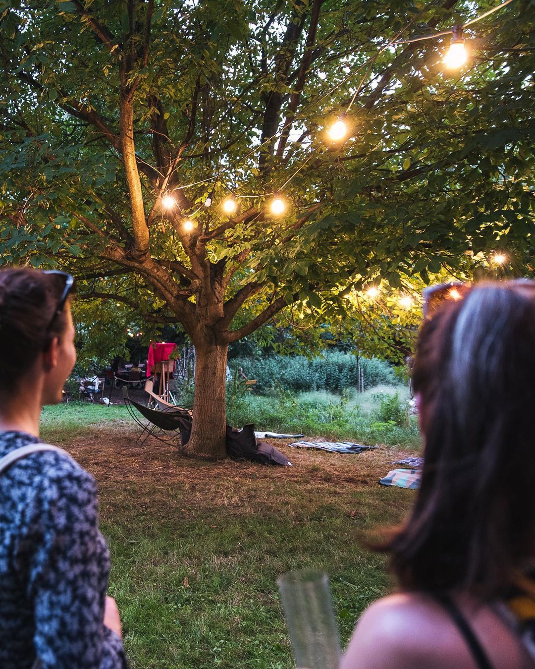 Baum mit Lichterkette und zwei Personen im Vordergrund